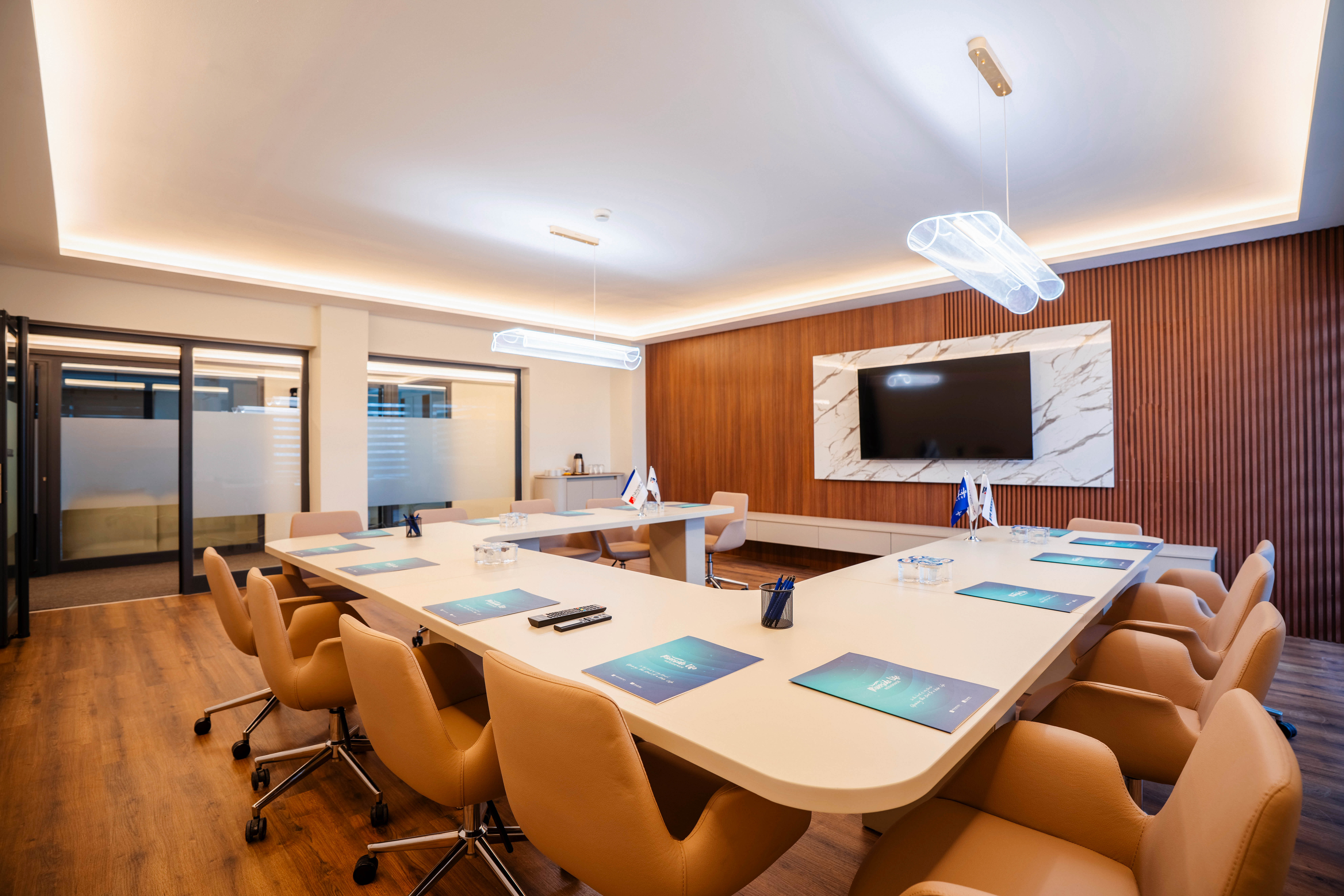 Large conference room with U-shaped tables